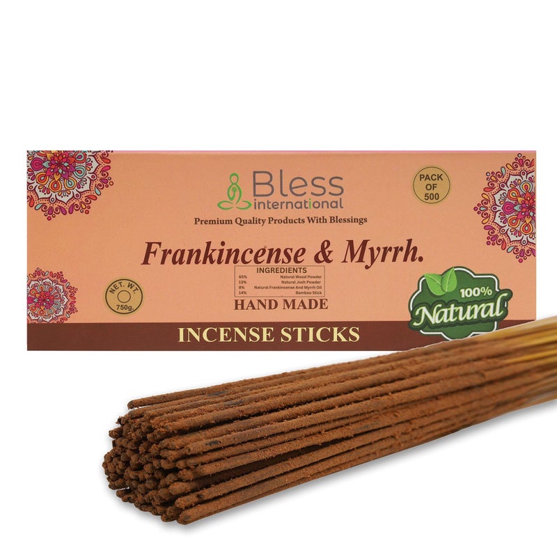 Bless International Bless-Frankincense-and-Myrrh 100%-Natural-Handmade-Hand-Dipped-Incense-Sticks Organic-Chemicals-Charcoal-Free Purification-Relaxation-Positivity-Yoga-Meditation Best-Woods-Scent (500 Sticks (26 OZ)) - Image 1